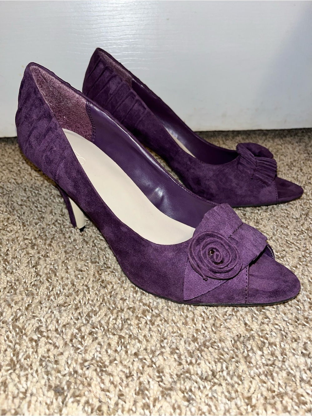 Cato Purple Suede Peep-Toe Heels with Rosette